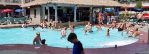 A photo of the blue marlin pool with swim-up bar at Put-in-Bay